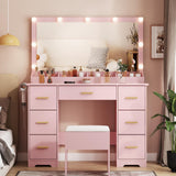 METOTI Vanity Desk with 38" Large Mirror and 9 LED Lights & Glass Top and Power Outlet, Adults Makeup Vanity with Chair and 7 Storage Drawers, Dressing Table Set for Bedroom, Modern Pink METOTI