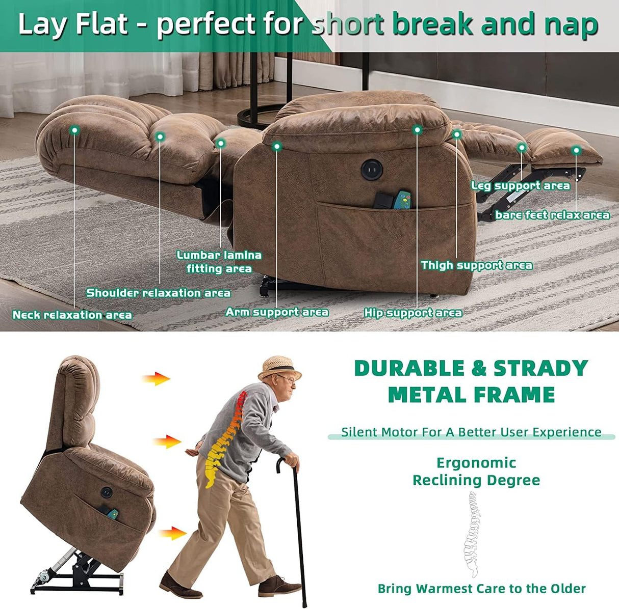 VIVIJASON Large Dual OKIN Motor Power Lift Recliner Chair for Elderly Big Man, 180° Lay Flat Electric Recliner with Heat & Massage, Infinite Position, 2 Remote Controls, Side Pockets & USB Port, Brown VIVIJASON