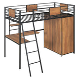 Twin Loft Bed with Desk and Storage Shelf, Twin Size Loft Bed with Wardrobe and L-Shaped Desk, Heavy Duty Loft Bed with Ladder and Guardrail(Twin Loft Bed Black) Bellemave