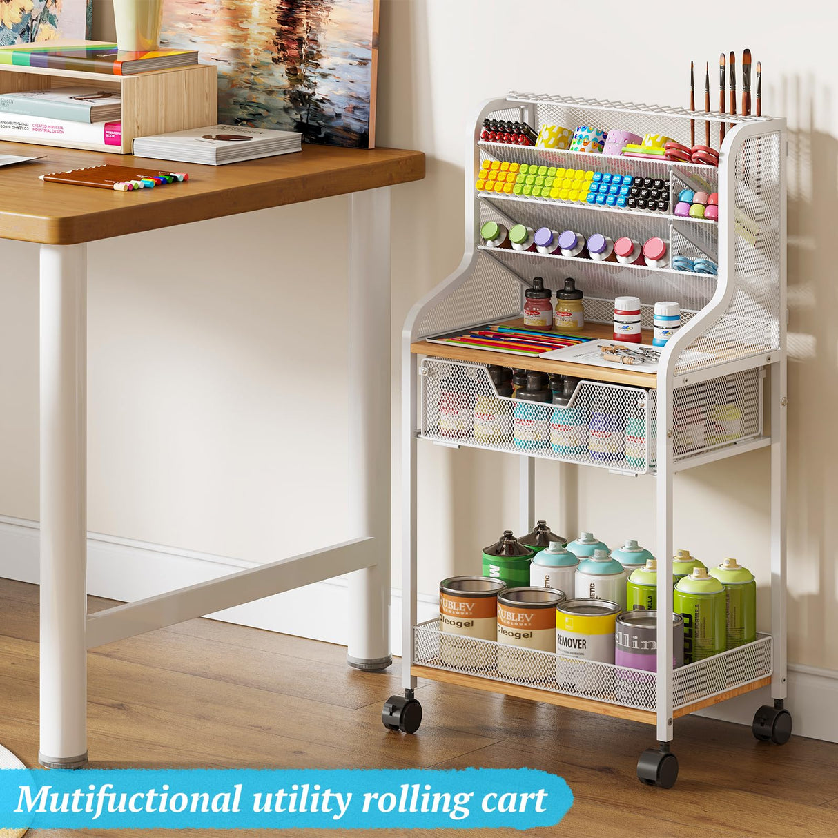 Rolling Craft Cart with Drawer, White Small Utility Cart, Metal Storage Cart with Lockable Wheels, 6 Tiers Paint Organizer for Art Supplies, Store for Brushes Paints Artifacts Small Parts JKsmart