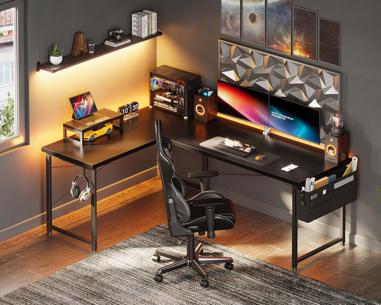 ODK L Shaped Desk, 57.5" Computer Gaming Desks, Home Office Writing Table with Monitor Shelf, Space-Saving Modern Corner Workstation, Easy to Assemble, Black ODK