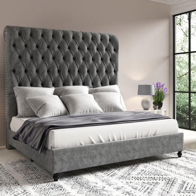 Jocisland King Size Platform Bed Frame with 60" Tall Sleigh Headboard, Luxury Velvet Upholstered Bed, Handcrafted Deep Button Tufted, Solid Wood Legs, Noise-Reducing, No Box Spring Needed,Light Gray