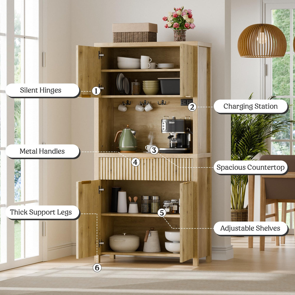 Lulive 71" Fluted Pantry Cabinet with Charging Station & Adjustable Shelves, Spacious Kitchen Storage Cabinet with Open Countertop & Drawer for Dining Room, Living Room, Natrual Lulive