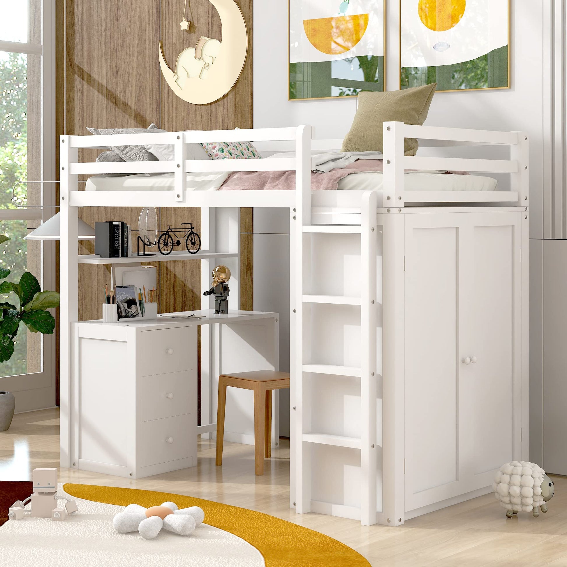 Stylish Twin Loft Bed with Desk and Wardrobe for Kids and Teens, White Wood Frame with Storage Drawers - WoodArtSupply