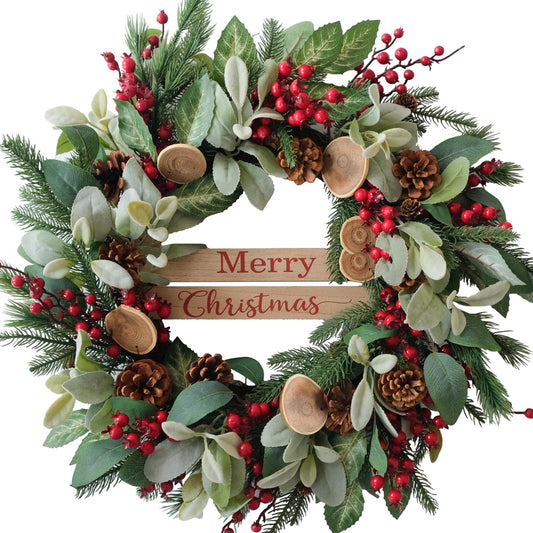 Bibelot 24 Inch Artificial Christmas Wreath with Lamb Leaves,Pine Cones and Red Berries,Winter Spring Front Door Wreath, Xms Decorations Natural Wreath for Indoor Outdoor Farmhouse Home Decor