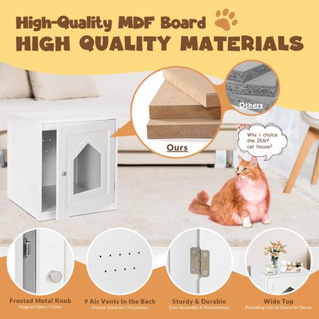 ZENY Cat House & Side Table, Pet Cat Litter Box Enclosure with Vent Holes, Wooden Enclosed Cat Washroom, White ZENY