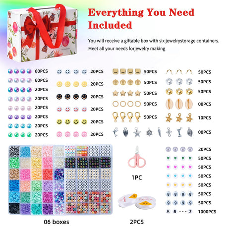SJZWSD 6-Box Friendship Bracelet Making Kit - 16,000pcs Clay, Seed & Glass Beads Collection, Letter Beads, Charms SJZWSD
