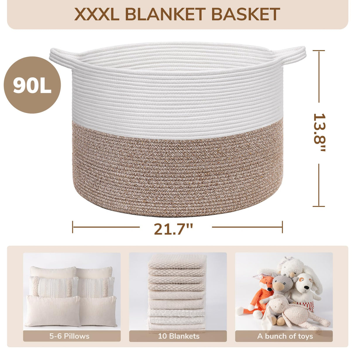 INDRESSME XXXLarge Cotton Rope Basket 21.7" x 21.7" x 13.8" Woven Baby Laundry Blanket Basket Toy Baskets with Handle Storage Comforter Cushions Thread Laundry Hamper INDRESSME