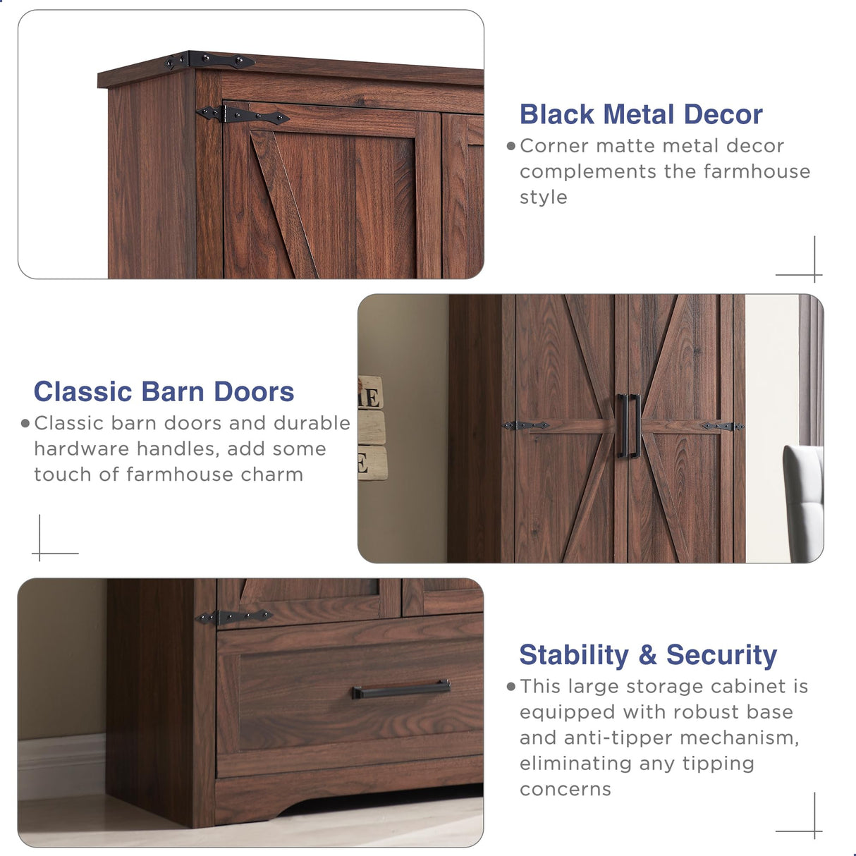 Farmhouse Style 72" Tall Storage Cabinet with Adjustable Shelves, Drawer & Barn Doors in Antique Brown JXQTLINGMU