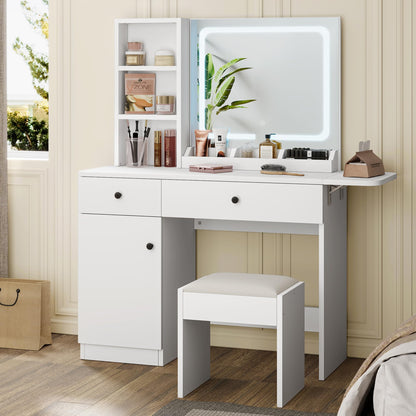 GAOMON Makeup Vanity Desk with Mirror and Lights, Vanity Desk Set with Outlet & Drawers & Open Shelf & Storage Cabinet, Vanity Table Set for Bedroom, White