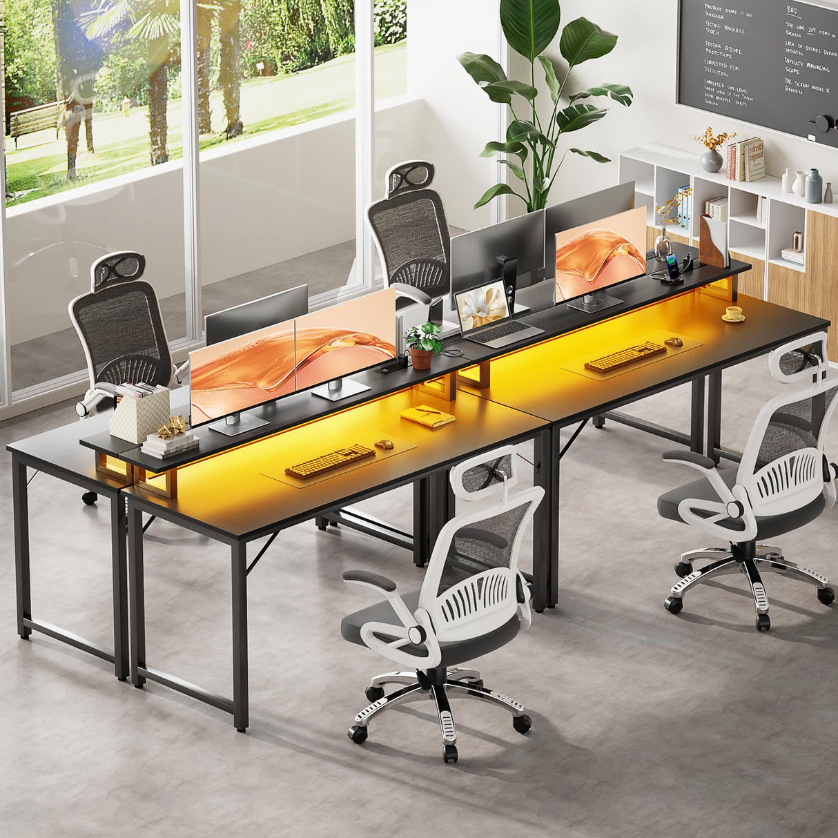 Hyomdeck Computer Desk with USB Power Outlets and LED Lights,55 inch Gaming Desk with Monitor Stand for Small Space Home Office, Modern Simple Study Writing Table PC Desks, Black Hyomdeck