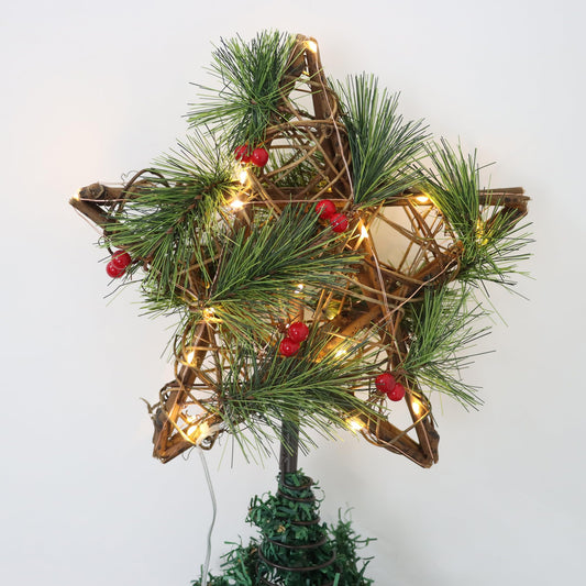 Rustic Christmas Tree Topper Star, 30 LED Rattan Natural Star Christmas Decorations with Timer, Vintage Christmas Ornaments for Indoor Office Farmhouse Holiday Christmas Tree Decorations, Warm White