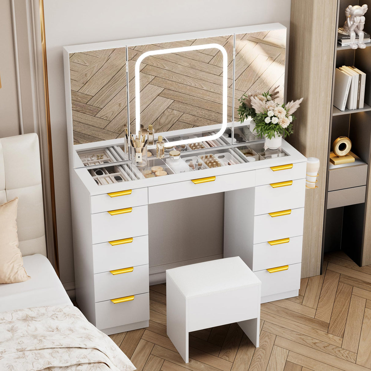 Pamapic 11 Drawers Vanity Desk with Foldable Mirror, Glass Top Makeup Vanity with LED Lights, 3 Lighting Modes, Golden Handles Dressing Table with Chair and Power Outlet Pamapic