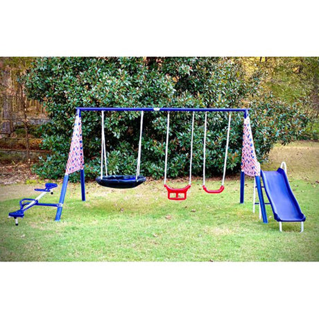 XDP Recreation Freedom Fun Metal A-Frame Kids Outdoor Swing Set 7 Child Capacity Backyard Playground Toy Set with Slide, 3 Swing Types, and See-Saw XDP RECREATION