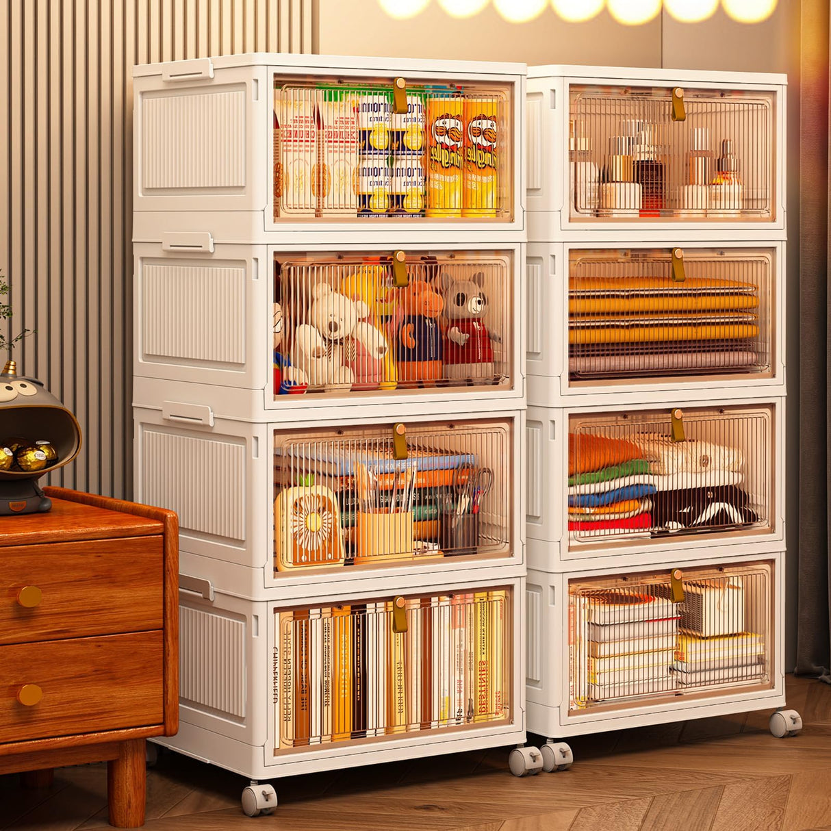 CTSNSLH 4 Tier Plastic Storage Bins and Boxes Organizer - 27Qt Stackable with Lids for Bedroom, Living Room, Office - Foldable Containers CTSNSLH