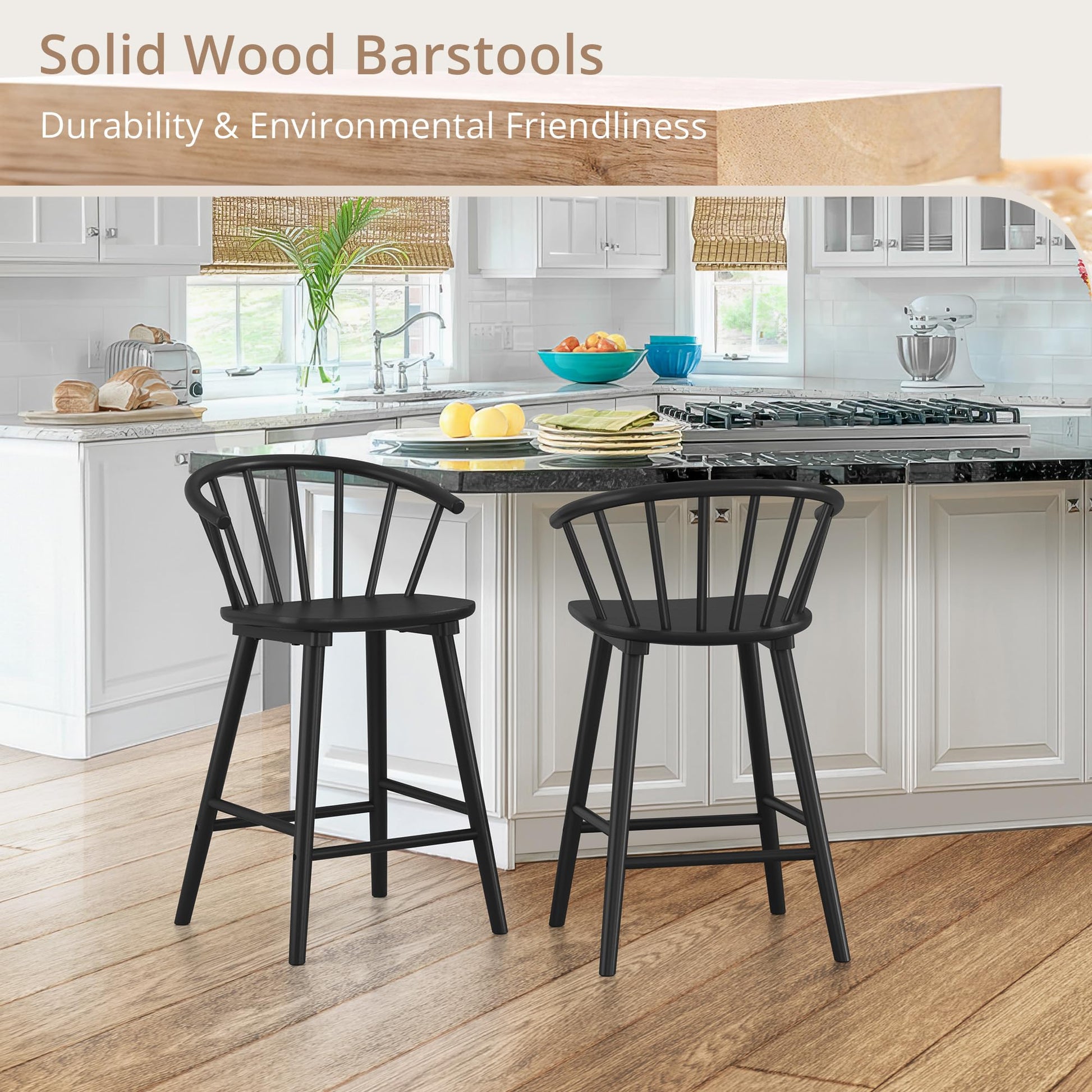 LUE BONA Wood Bar Stools with Semicircular Backrest, Black Farmhouse Barstools Set of 2, Modern Counter Height Bar Stools for Kitchen Island, 24 Inch - WoodArtSupply