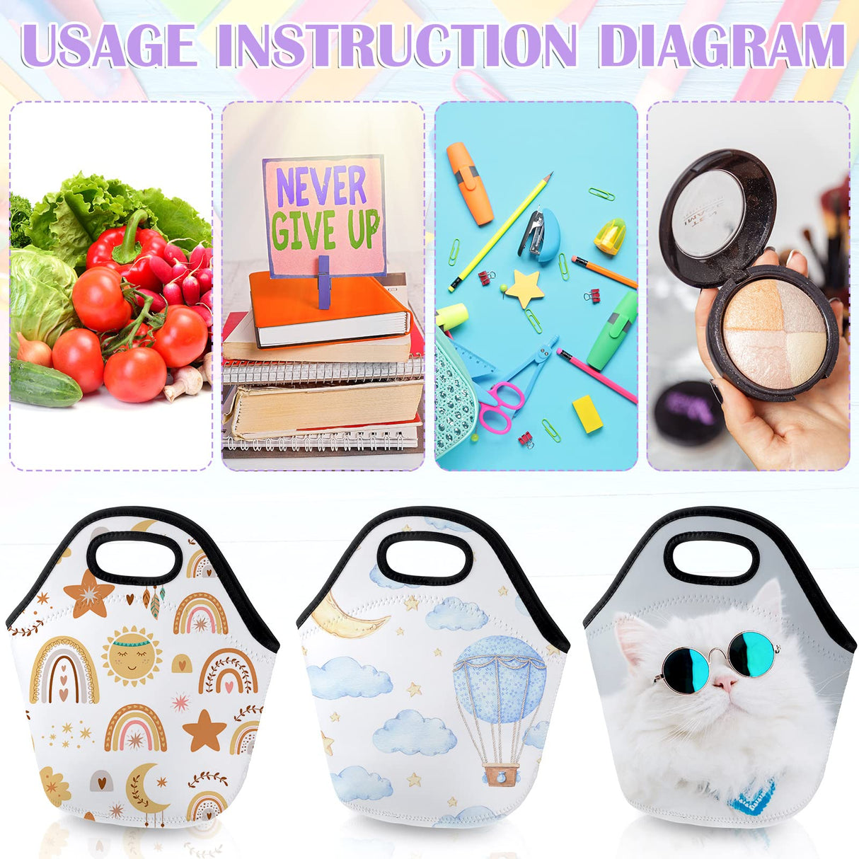 Paterr 24 Pieces Sublimation Blanks Neoprene Lunch Bag Insulated Lunch Box Reusable Lunch Bag Case Thermal Food Carry Case Handbags with Zipper for Adults Work Travel Picnic DIY, White Paterr