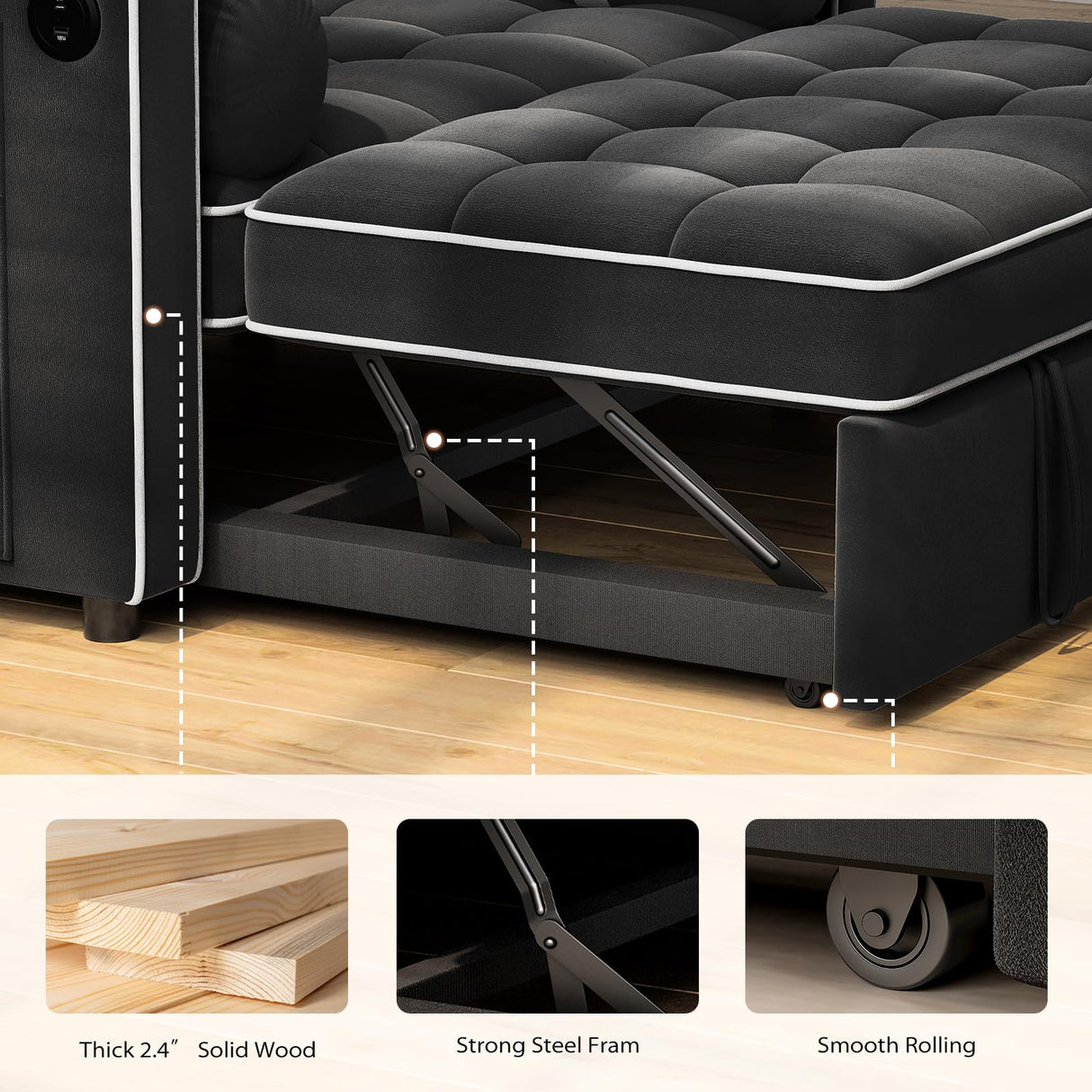 Pipishell 3 in 1 Sleeper Sofa Bed,Pull Out Couch for Living Room with USB Ports & Side Pockets,Adjustable Backrest,Velvet,Convertible Loveseat Sofa Bed,Futon Couches,Charcoal Black Velvet Pipishell