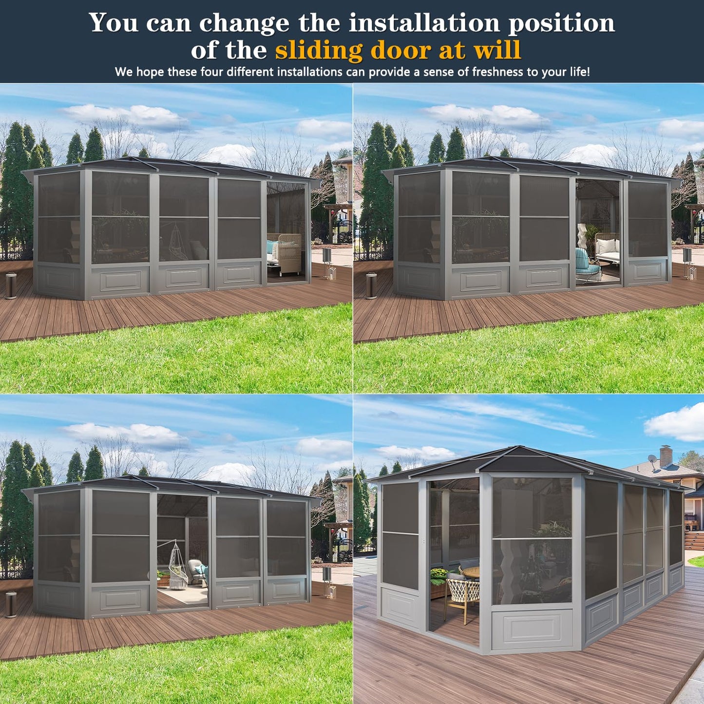 EROMMY 12' x 18' Sunroom, Solarium Gazebo with Aluminum Frame and Polycarbonate Roof, Outdoor Permanent Sun Room with Moveable PVC Screen and Sliding Door for Garden, Patio, Deck, Lawns - WoodArtSupply