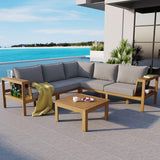Merax 4 Pieces Patio Furniture Set, Outdoor L-Shaped Sectional Sofa Set with Coffee Table, Acacia Wood Conversation Seating & Thick Cushions and Side Table, for Garden, Poolside and Backyard, Gray Merax