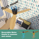 Flush Mount Ceiling Fan no light with Remote, 52 inch Low Profile Wood Ceiling Fan no light, Modern Ceiling Fan without light for Outdoor, Bedroom, Natural Wood and matte Black, DC Motor, 6 Speed OUATER