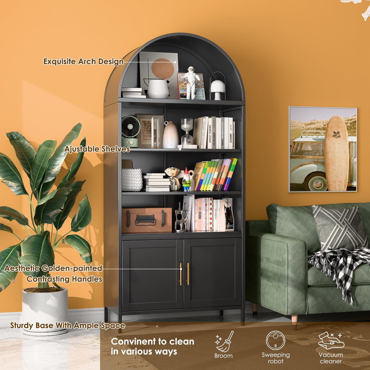 VEXPOR 79 in Tall Metal Arched Bookcase, 6-Tier Arched Bookcase with Doors, Modern Farmhouse Bookshelf with 3 Adjustable Shelves, Pantry Display Cabinet for Living Room, Black, Assembly Required VEXPOR