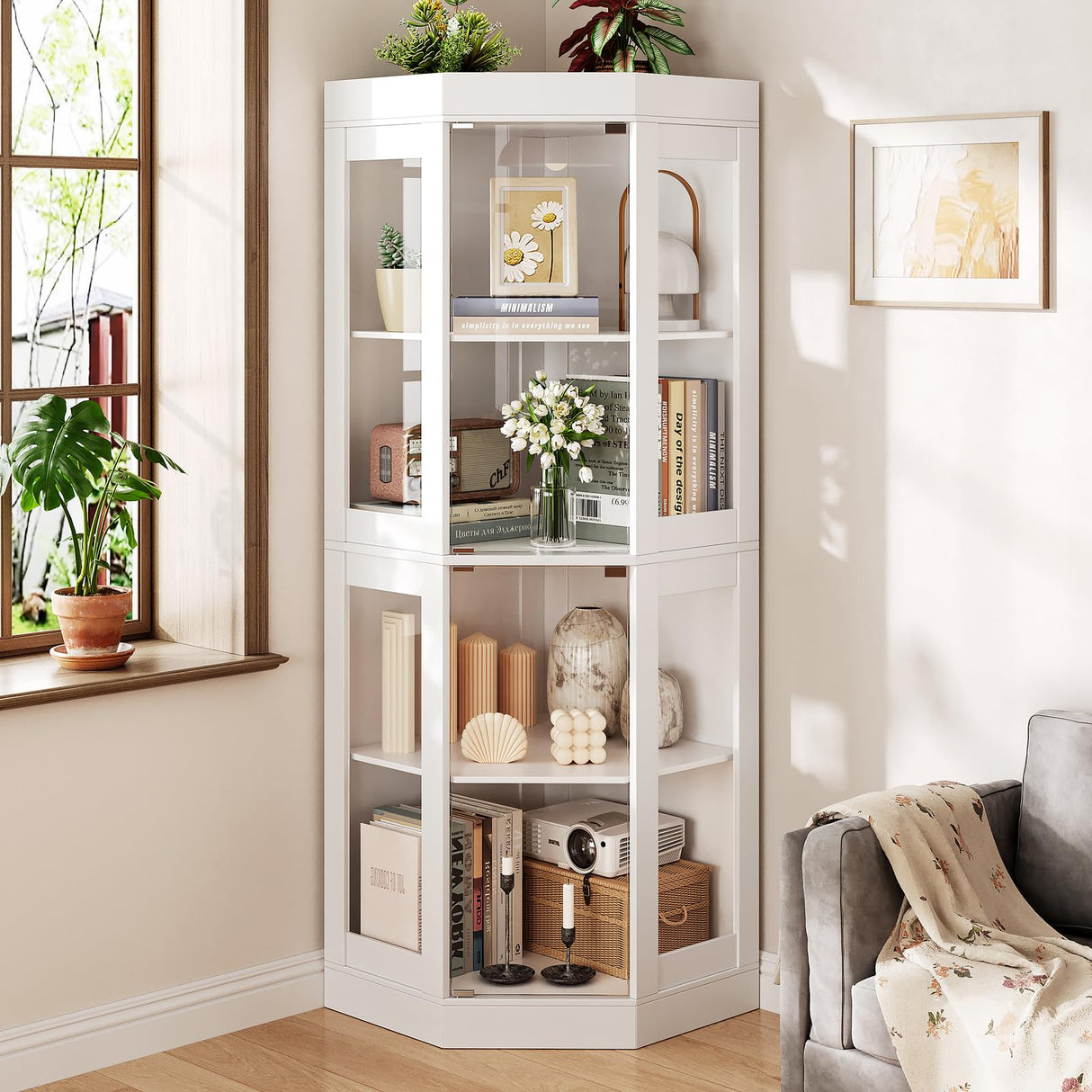 UKAOCAI 70''H Tall Corner Cabinet with Glass Doors,Farmhouse Storage Cabinet with 4 Shelves & Top Guard Rail,Home Pantry Hutch for Bar,Kitchen, Dining Living Room, Bathroom, White UKAOCAI