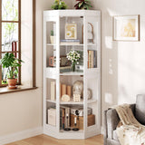 UKAOCAI 70''H Tall Corner Cabinet with Glass Doors,Farmhouse Storage Cabinet with 4 Shelves & Top Guard Rail,Home Pantry Hutch for Bar,Kitchen, Dining Living Room, Bathroom, White UKAOCAI