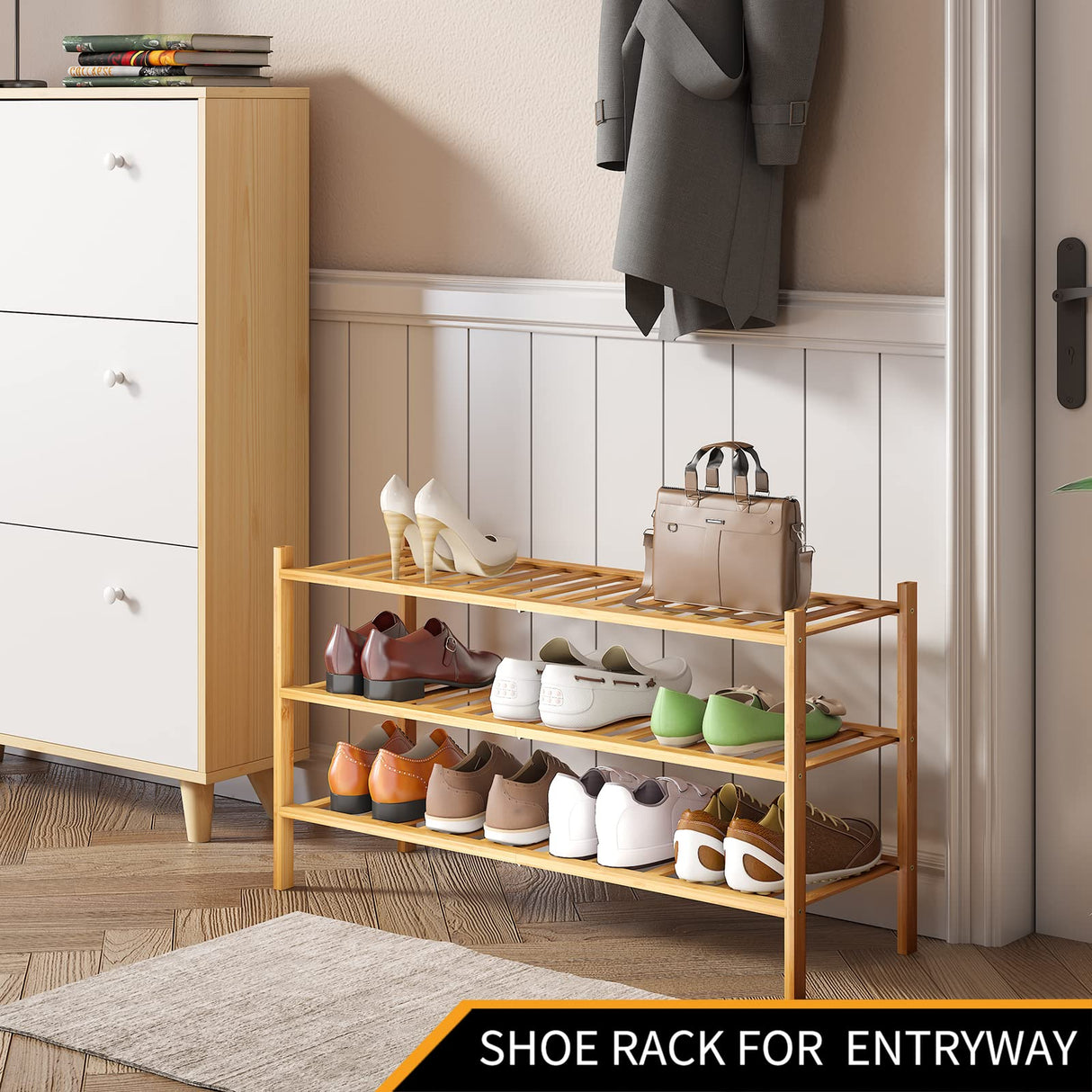 Furshus Long Shoe Rack, 3-Tier Bamboo Stackable Shoe Shelf Storage Organizer, Shoe Stand for Closet, Entryway and Hallway Furshus