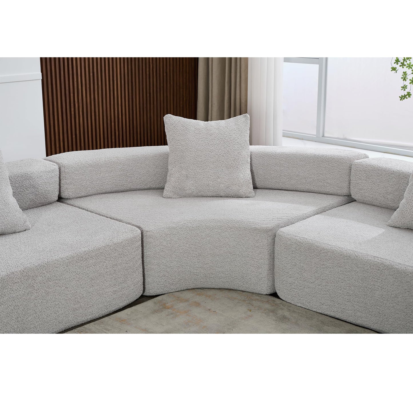 111" Oversized Combination Boucle Curved Sofa, Modern Modular 3 Piece Free Combination, L-Shaped Corner Couch with 5 Pillows, Comfy Upholstered 4 Seater Couch, Semicircular Sectional Sofa (Grey)