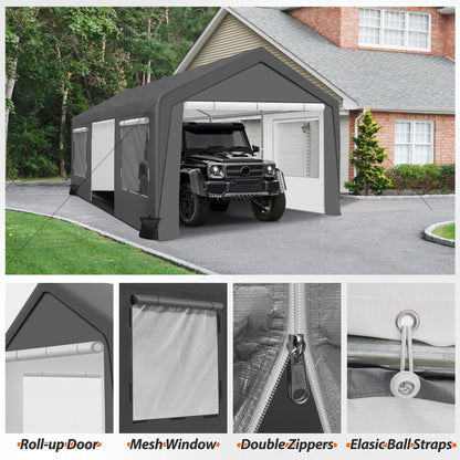 QZEN Carport 12'x20' Portable Garage, Heavy Duty Carport Canopy with Roll-up Ventilated Windows & Side Doors, Car Port for SUV, F150, Car, Truck, Boat（12' x 20'）