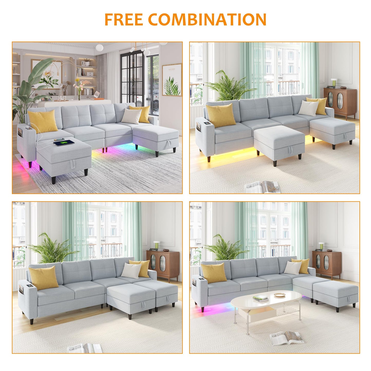 SKKTKT LED Sectional Couches for Living Room, Modular Sectional Sofa Set with Storage Ottomans, Oversized U Shaped Sofa Couch with Auto Sensor RGB Lights and Charging Station (Light Grey) - WoodArtSupply