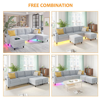 SKKTKT LED Sectional Couches for Living Room, Modular Sectional Sofa Set with Storage Ottomans, Oversized U Shaped Sofa Couch with Auto Sensor RGB Lights and Charging Station (Light Grey) - WoodArtSupply