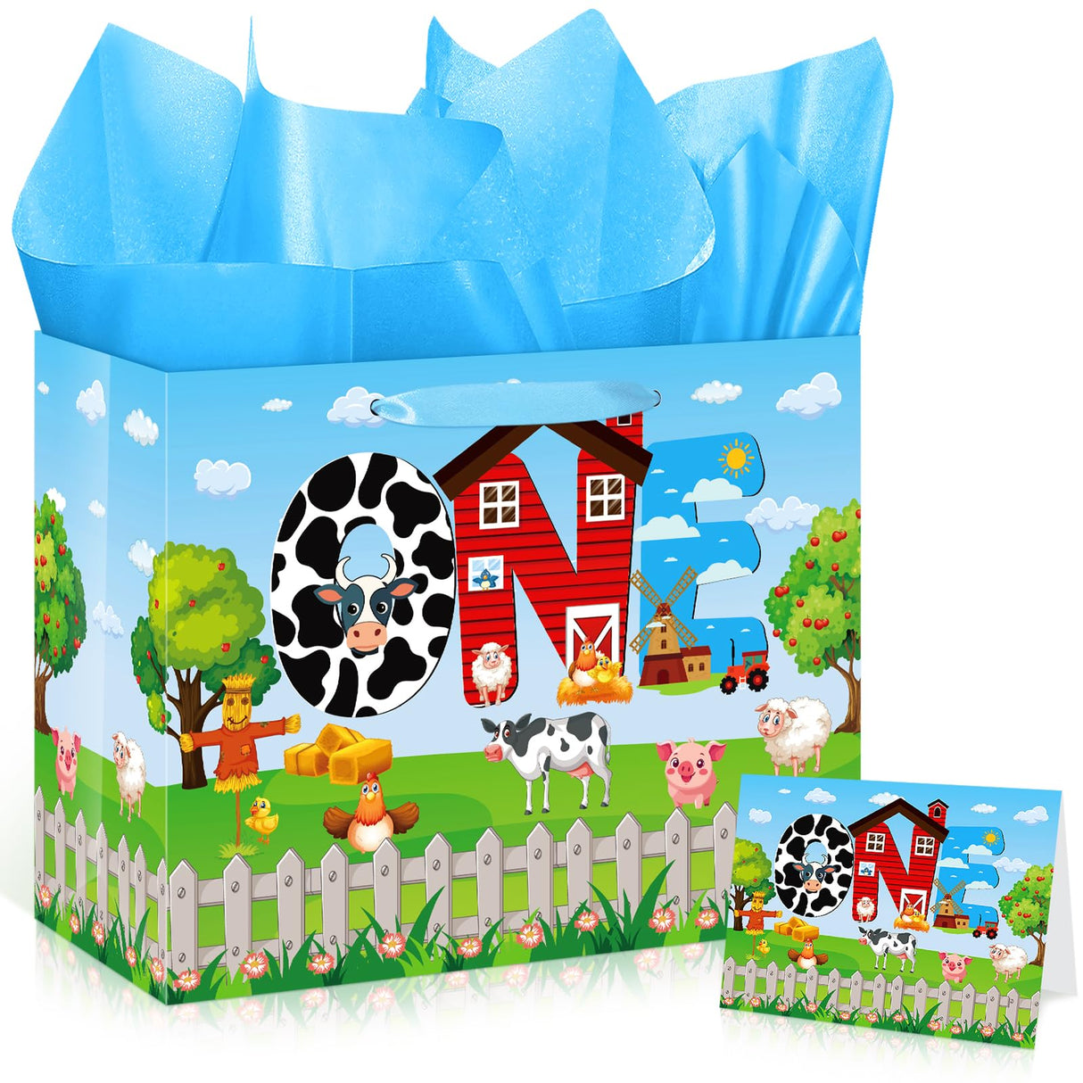 Farm Animals 1st Birthday Decorations Farmhouse Barnyard First Birthday Gift Bag with Tissue Papers Card One Birthday Wrapping Paper Bag for Kids Newborn 1st Birthday Baby Shower Christmas Party Innovoscape