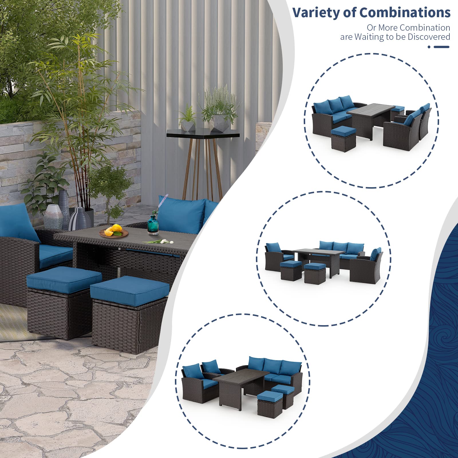 HOMREST 6 Pieces Patio Furniture Sets Clearance, Patio Dining Sofa Set Outdoor Sectional Sofa Conversation Set All Weather Wicker Rattan Couch Dining Table & Chair (Blue) - WoodArtSupply