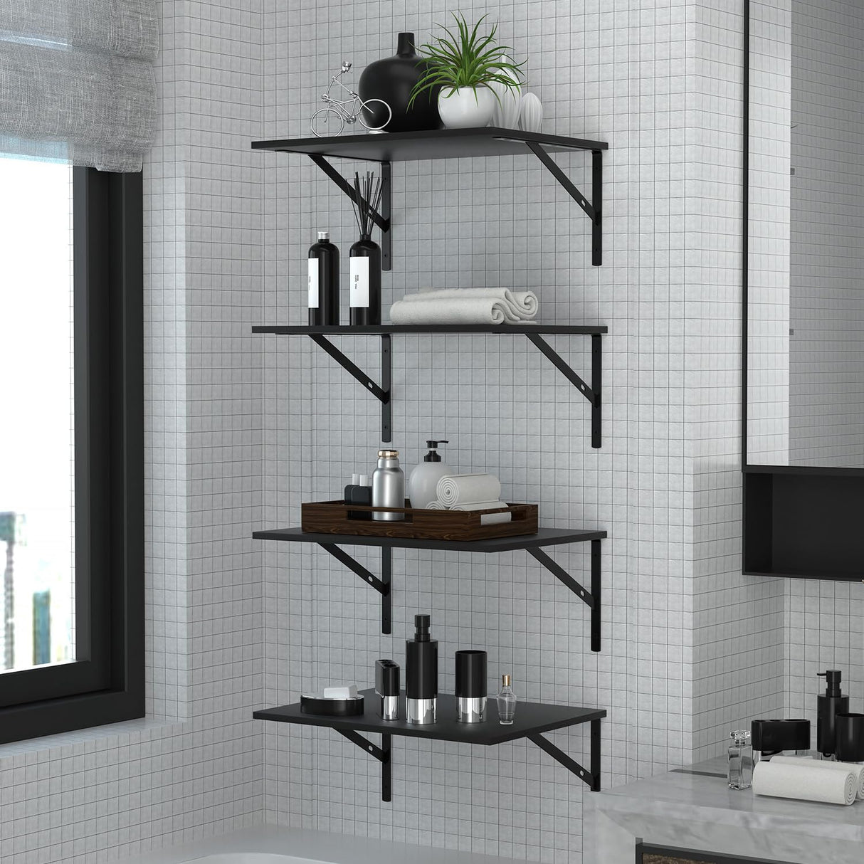 Deep Floating Wall Shelves - 4 Sets of 12 Inch Wide Black Wood Shelves for Bathroom, Bedroom, Kitchen, Living Room WoodArtSupply