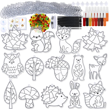Winlyn 28 Sets Woodland Creatures Suncatchers Ornaments Decorations DIY Window Paint Art Suncatchers Fall Craft Kits Autumn Forest Animals Sun Catchers for Kids Holiday Classroom Activity Art Project Winlyn