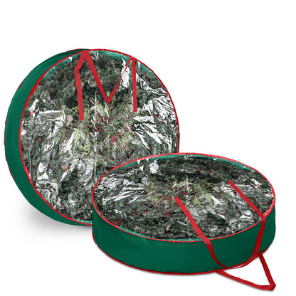 Abbylike 2 Pcs 48'' Christmas Wreath Storage Container Xmas Extra Large Zippered Wreath Storage Bag with Handles and Clear Window Jumbo Garland Wreath Box Holiday 600d Oxford Wreath Bag (Green)