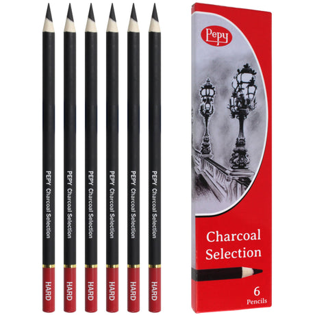 Pepy Professional Hard Charcoal Pencil Set – Set of 6 Pre-Sharpened Black Charcoal Pencils; Perfect for Drawing, Sketching, Blending and Shading Pepy