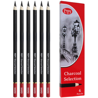 Pepy Professional Hard Charcoal Pencil Set – Set of 6 Pre-Sharpened Black Charcoal Pencils; Perfect for Drawing, Sketching, Blending and Shading