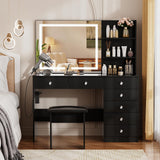 VOWNER Vanity with Lighted Mirror - 47" Makeup Vanity Desk with 7 Drawers, 3 Storage Shelves and Outlet, 3 Color Lighting Modes with Adjustable Brightness, Makeup Desk with Stool for Bedroom,Black VOWNER