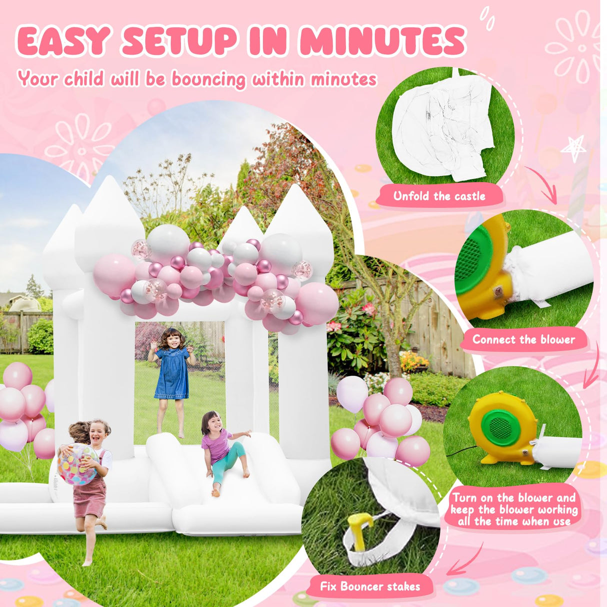 FBSPORT White Bounce House, Inflatable Bouncer with Air Blower,Indoor & Outdoor Bouncy Castle with Big Ball Pit for Wedding Party Kids Birthday Party, Easy to Install FBSPORT