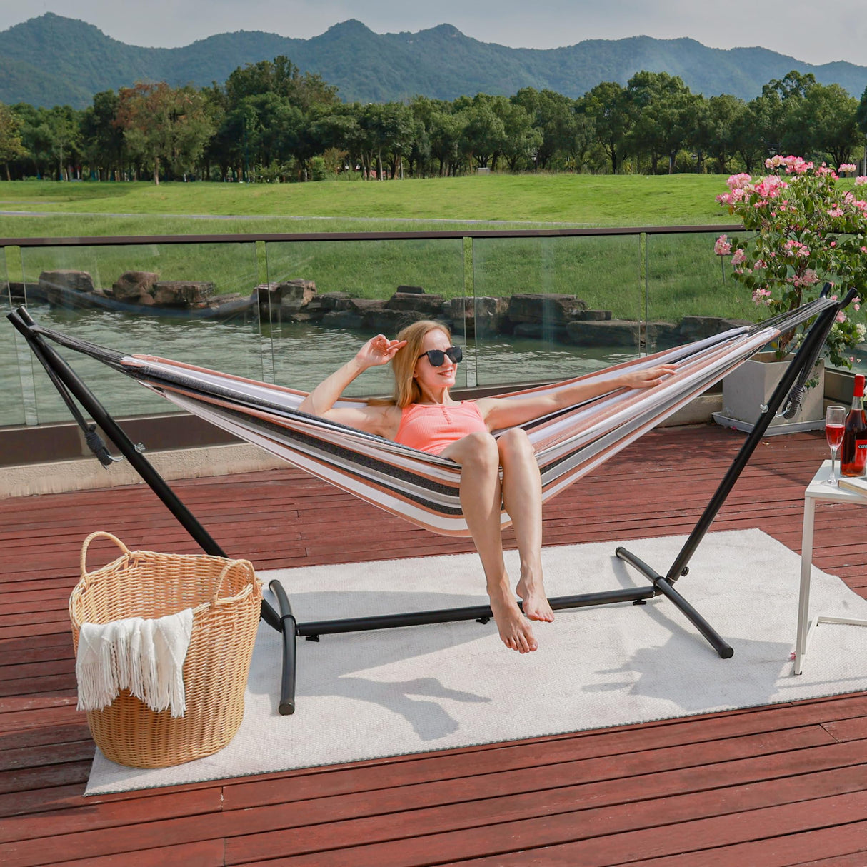 Prime Garden Hammock with Stand for Outside, Heavy Duty Space Saving Steel Stand with 450 lb Capacity, Double Hammock with Portable Carrying Bag, Hamacas Para Adultos for Outdoors, Patio, Garden, Yard Prime Garden