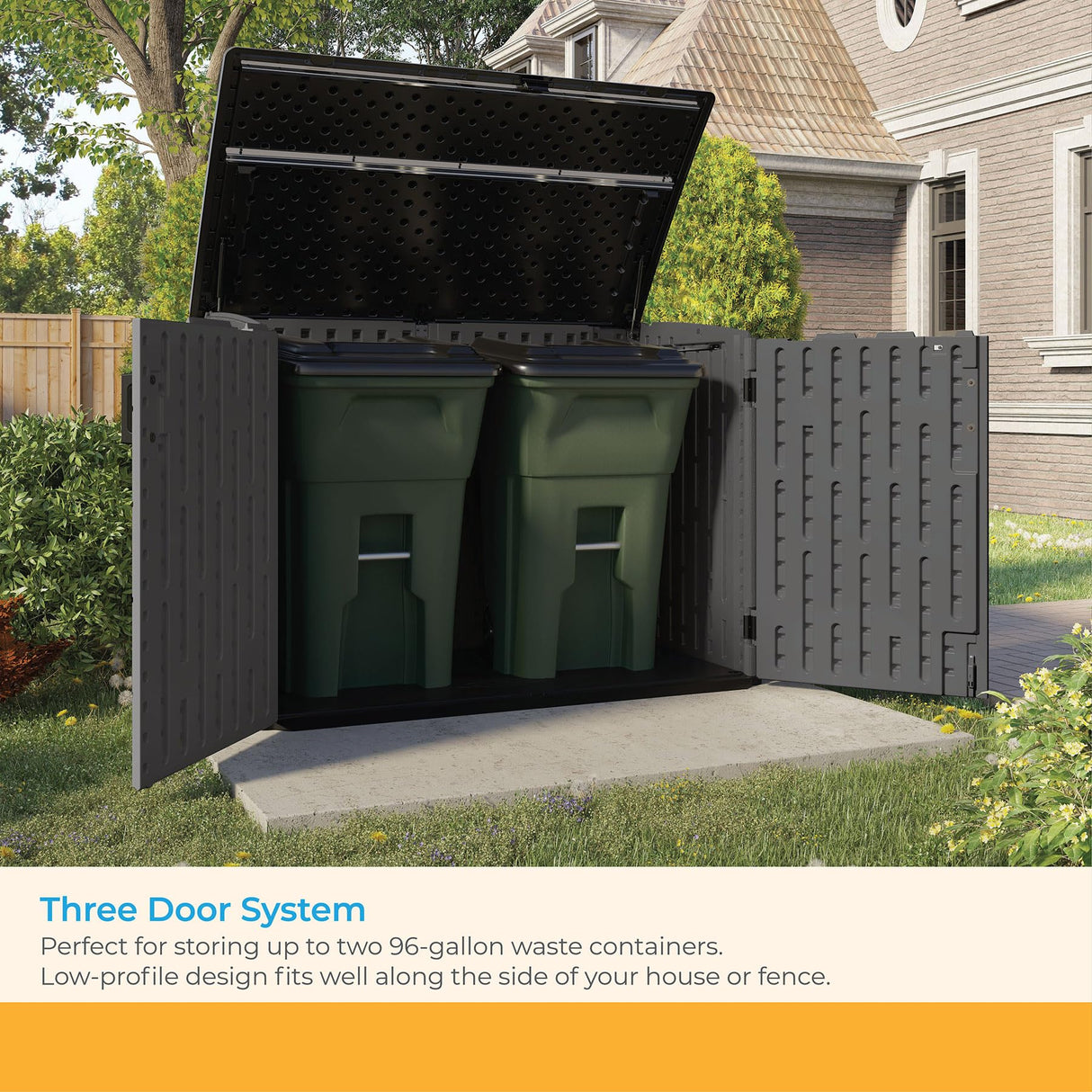 Suncast 70 Cu Ft Stow-Away Horizontal Outdoor Shed - Small Outdoor Storage Shed, Lockable & Weatherproof Resin Plastic, Fits Two 96-Gallon Trash Cans, Bikes, Lawn Mowers, or Garden Tools, Peppercorn Suncast