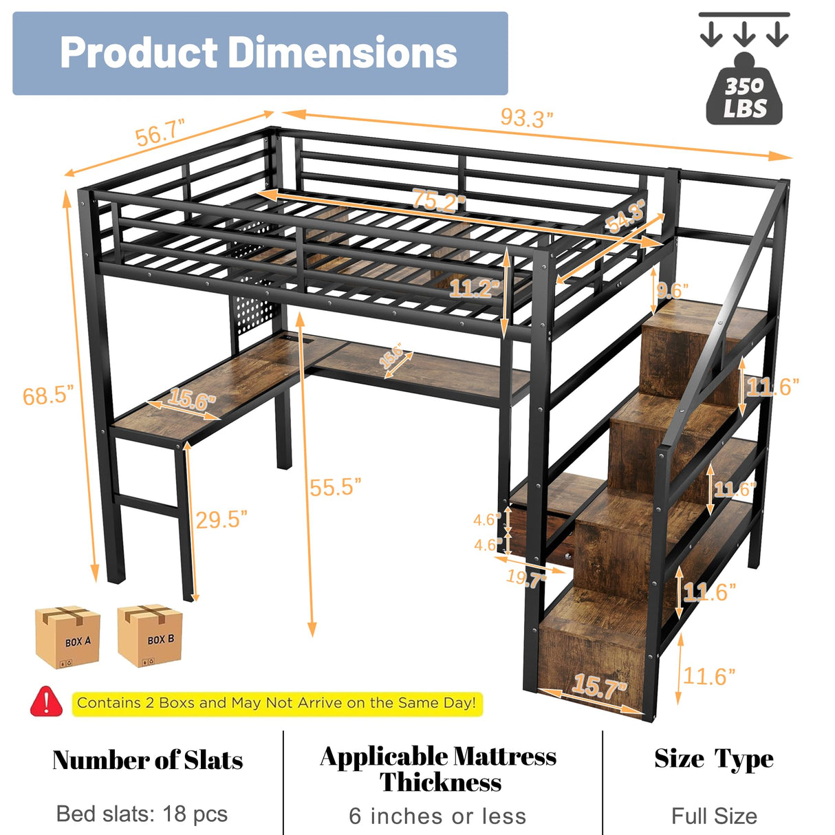 MoproBeti Full Size Loft Bed with Desk and Stairs,Metal Gaming Loft Bed with LED,Charging Station, High Loft Bed Full with Storage Shelves,Wardrobe and Drawers for Kids Teens, Adults, Black MoproBeti