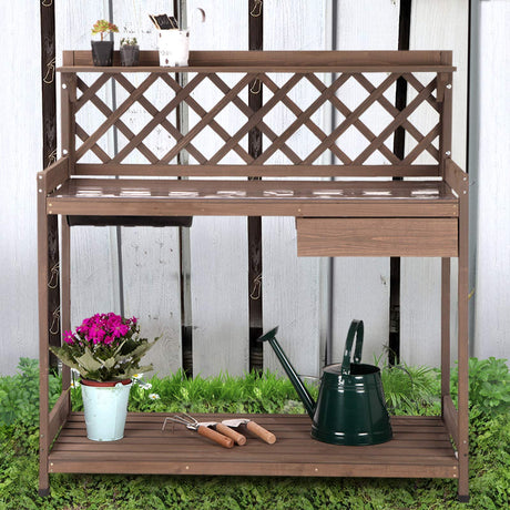 GUTINNEEN Potting Bench Garden Table for Plants Outside Outdoor Wooden Garden Work Bench with Sink Storage PVC Layer Drawer Shelf Hook for Gardening GUTINNEEN