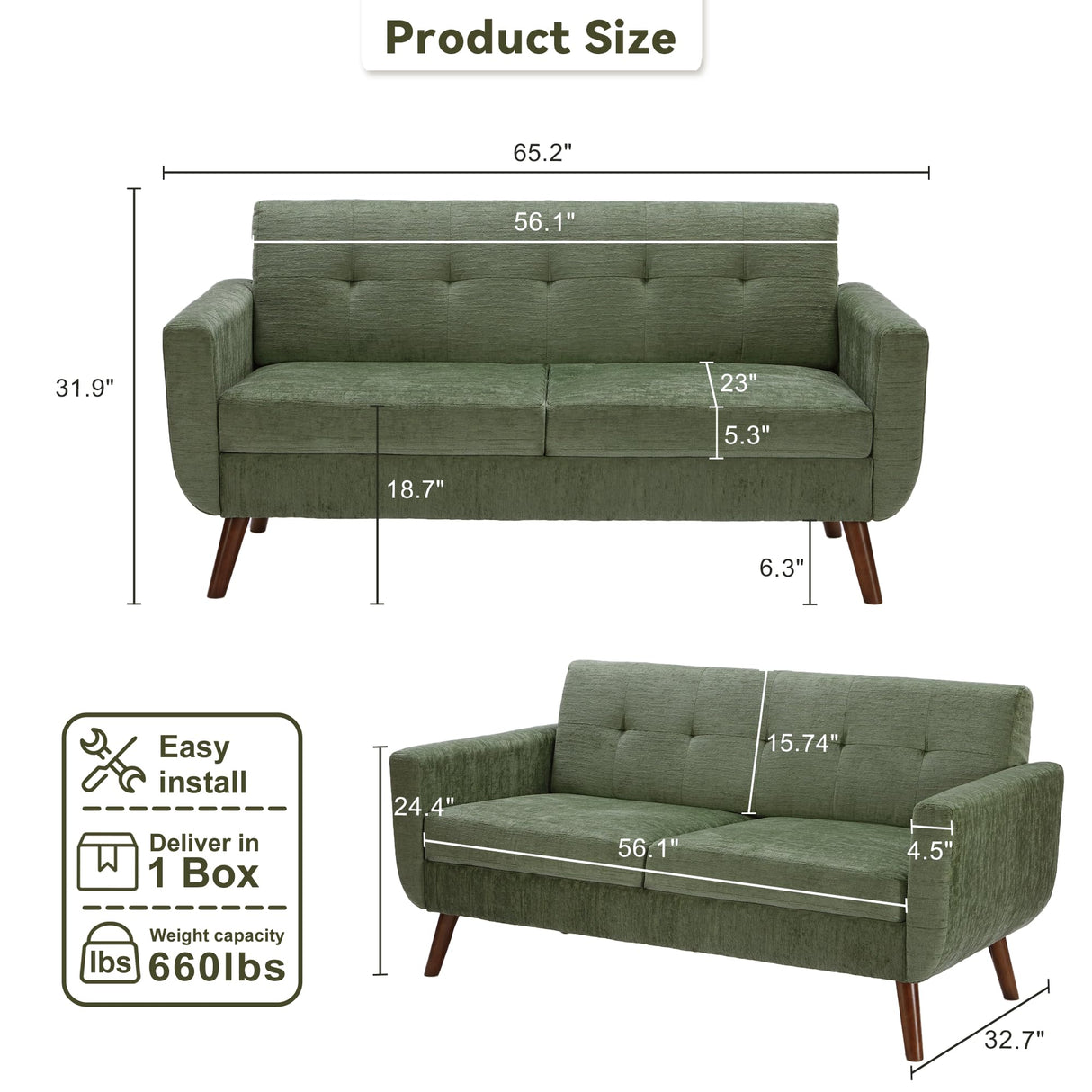 Tbfit 65" W Loveseat Sofa, Mid Century Modern Couches Love Seats for Living Room, Button Tufted Upholstered Small Couch for Bedroom, Solid and Easy to Install Love Seats Furniture, Green Tbfit