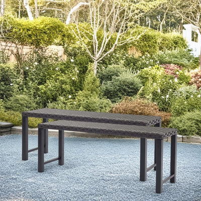 Seekverse 46" Outdoor Rattan Backless Bench Set of 2, All-Weather Patio Garden Bench for Backyard, Porch, or Lawn, Durable Steel Bench for Outdoor Spaces
