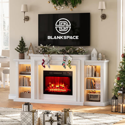 72" Electric Fireplace with Mantel,White TV Stand with Fireplace,Modern Entertainment Center with LED Lights for Bedroom Living Room