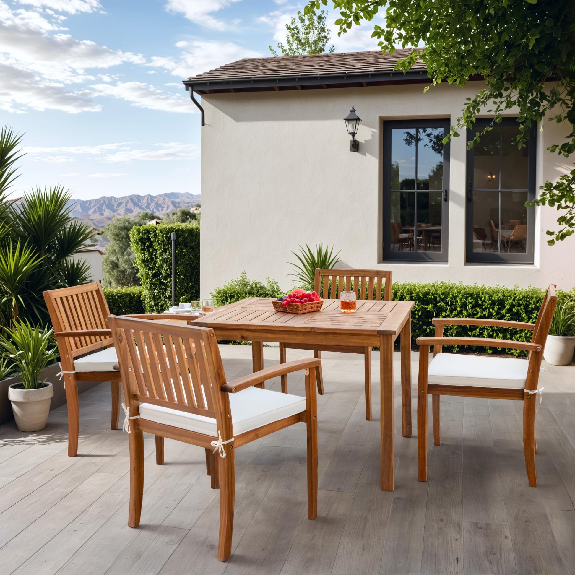 Flamaker 5 Piece Outdoor Dining Set Acacia Wood Patio Table and Chairs with Soft Cushions Patio Furniture for Deck, Backyard, Garden - WoodArtSupply